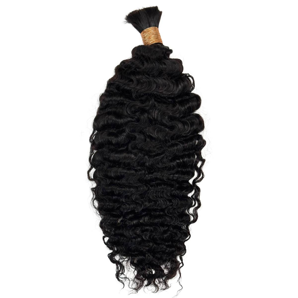 Black curly hair bundle with a gold tie on a white background